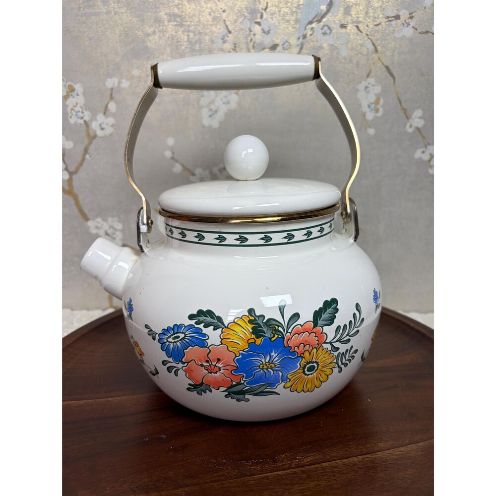 Vintage M Kamenstein Floral Enamel Teakettle White Brass Handle Tea Pot 1983